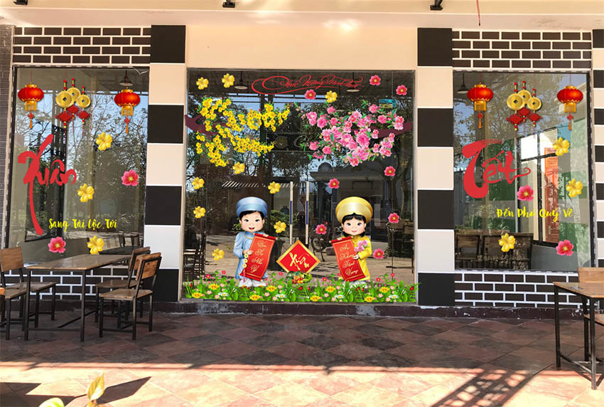 Decal trang trí cửa kính ngân hàng - văn phòng - decal trang trí tết - decal trang trí tết phòng khách - nhà hàng - khách sạn Binhin PK624