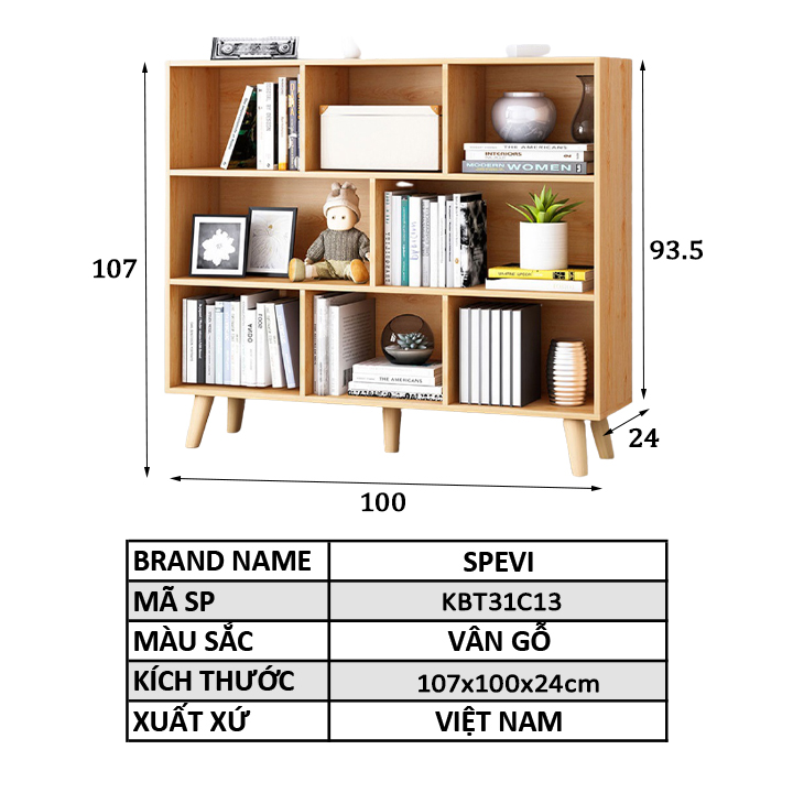 Tủ Kệ Sách Gỗ Đa Tầng 4 Chân Cao Cấp FIVO Mẫu FB60 Màu Gỗ, Nội Thất Lắp Ráp Đơn Giản, Nhiều Ngăn Rộng Rãi (Có Kèm Tấm Lưng)