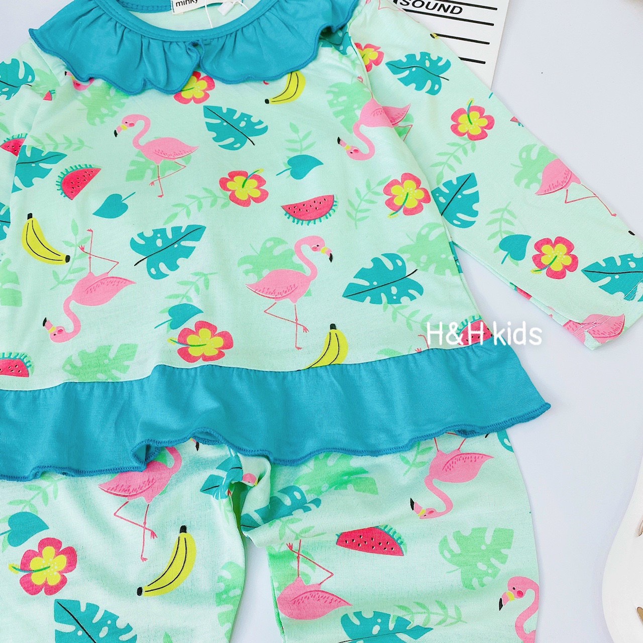 Đồ Bộ Dài Tay Bé Gái Thun Lạnh Minky Cổ Lá Sen Hình Thỏ Hồng Hạc Hoa Cúc