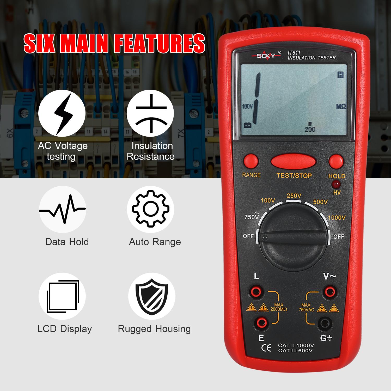 Insulation Resistance Meter Digital Ohmmeter Handheld Insulation Tester 0.1MΩ-2000MΩ Auto-Ranging High Accuracy LCD
