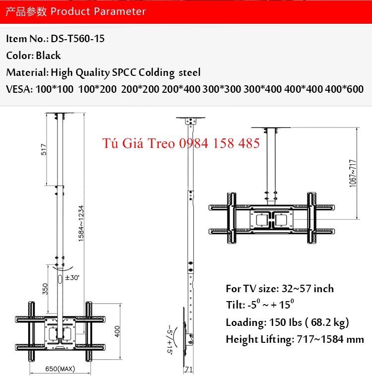 Giá treo tivi thả trần  NBT560-15 dùng cho tivi 32 - 65 inch siêu đẹp