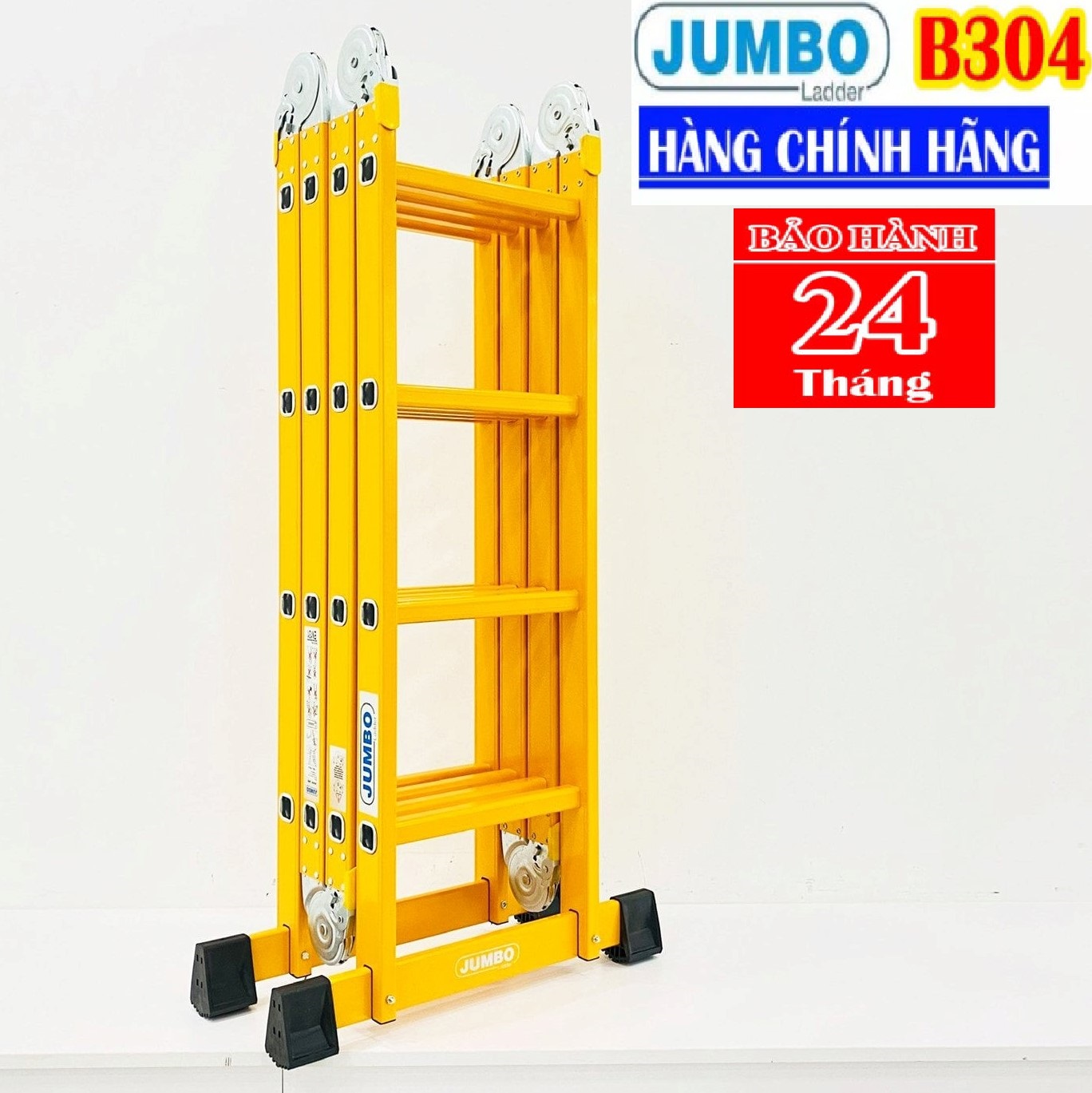 Thang Chữ A, Thang nhôm gấp 4 đoạn JUMBO B304, chữ A - 2.26m, chữ I - 4.7m, 14 tư thế sử dụng, tải trọng 300kg - Chắc chắn, tiện dụng - Sơn vàng tĩnh điện chống trầy xước rỉ sét - Luôn có phụ kiện thay thế