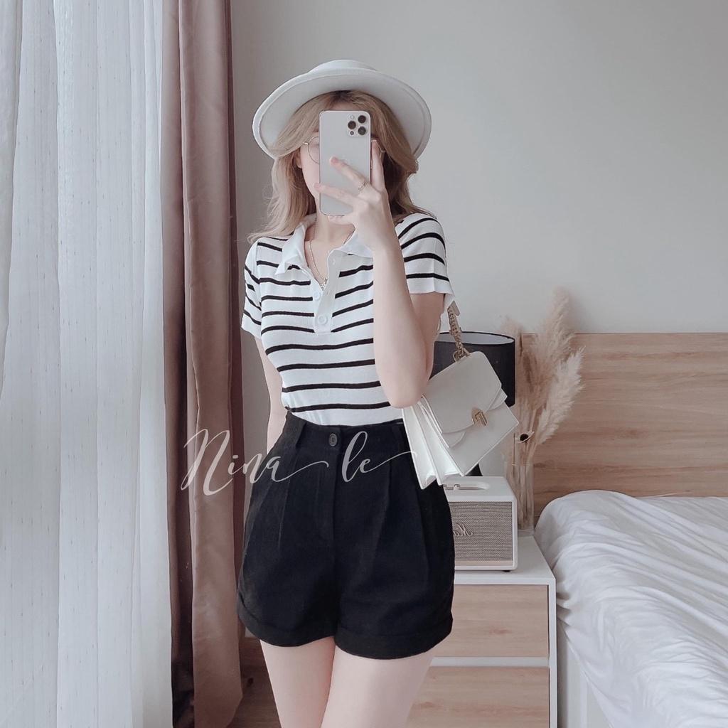 Áo len nữ Montoghi dệt kim Quảng Châu logo ONG CD kẻ sọc cổ bẻ phối nút thêu thanh lịch và năng động
