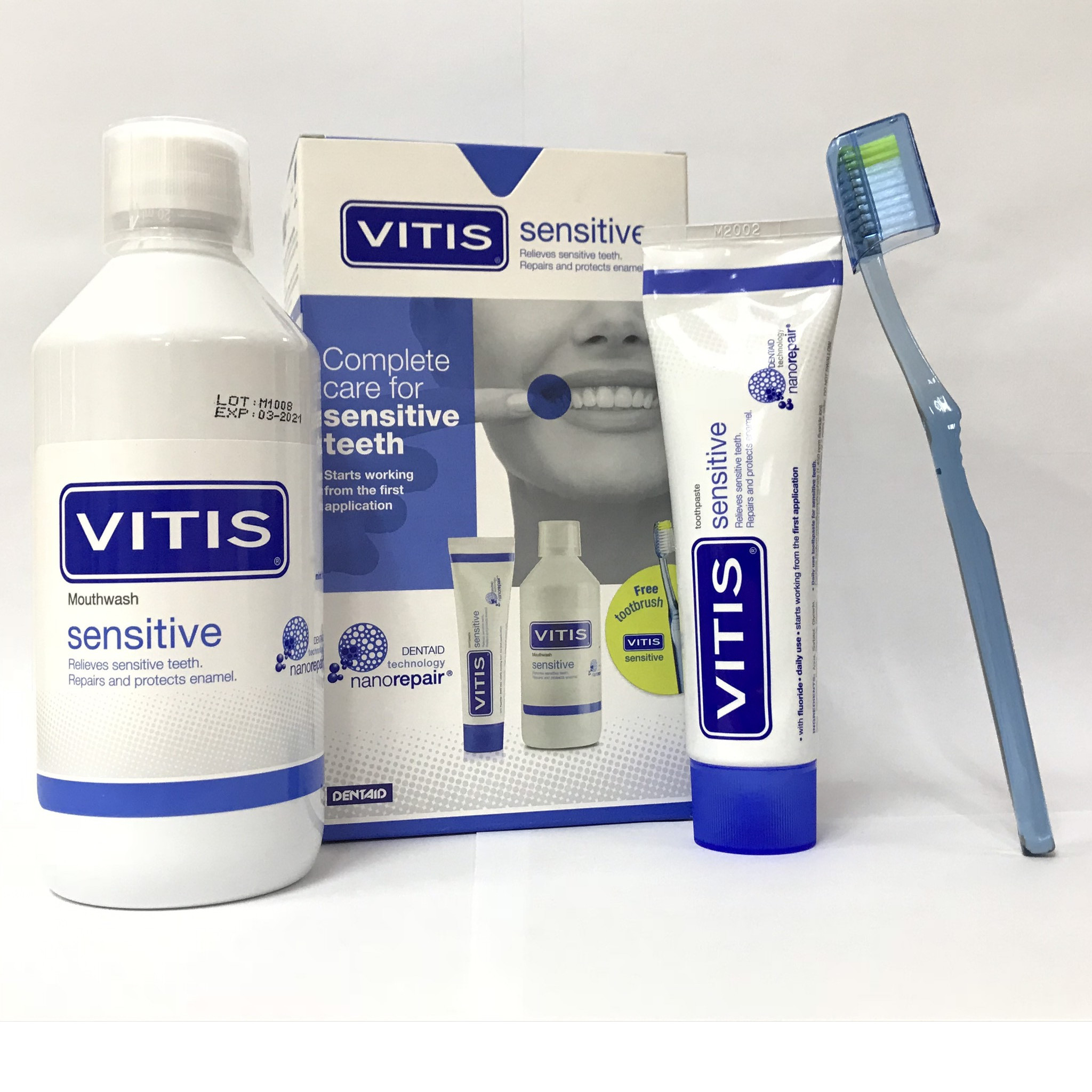 Bộ sản phẩm chăm sóc răng ê buốt Vitis Sensitive (Nước súc miệng 500ml, kem đánh răng 100ml và bàn chải)