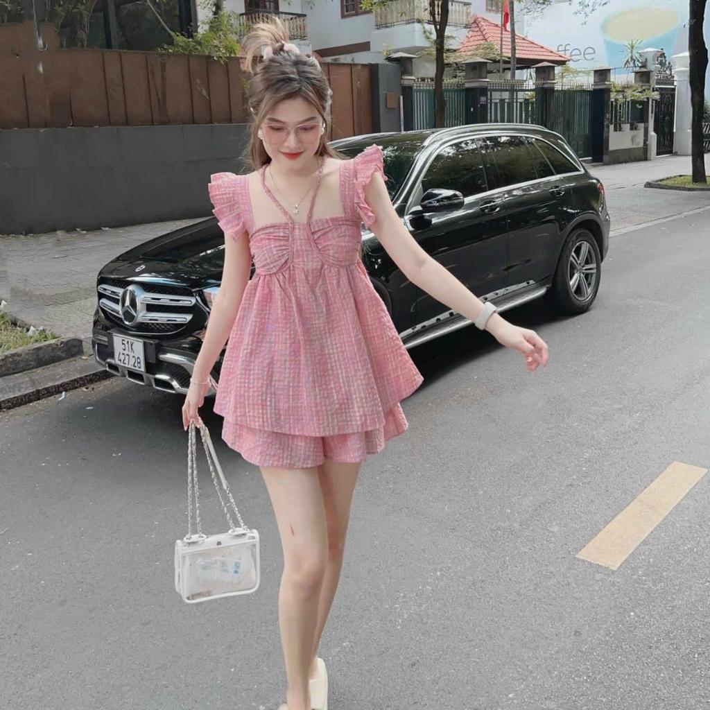 Sét bộ đùi mocking xốp caro tay bèo nhún ngực cổ phối dây siêu xinh