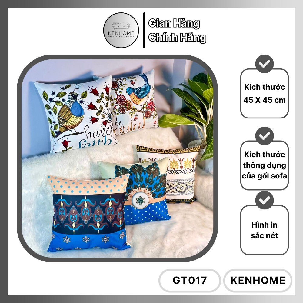 Gối Sofa Họa Tiết Chim Ri Cổ Điển - Gối Tựa Sofa Tông Xanh Trắng Trang Trí Nhà Cửa - Chất Liệu Vải Bố - Kích Thước 45x45cm