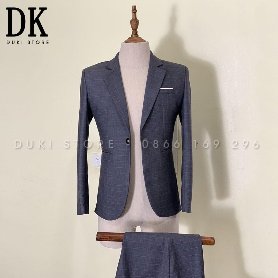 Bộ vest nam 1 cúc kẻ caro màu xám trầm sang trọng - DUKI STORE