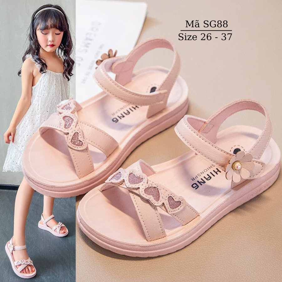 Sandal Bé Gái - Dép Quai Hậu Học Sinh Tiểu Trung Học 3 - 12 Tuổi Quai Chéo Đính Trái Tim Hồng Xinh Xắn SG88