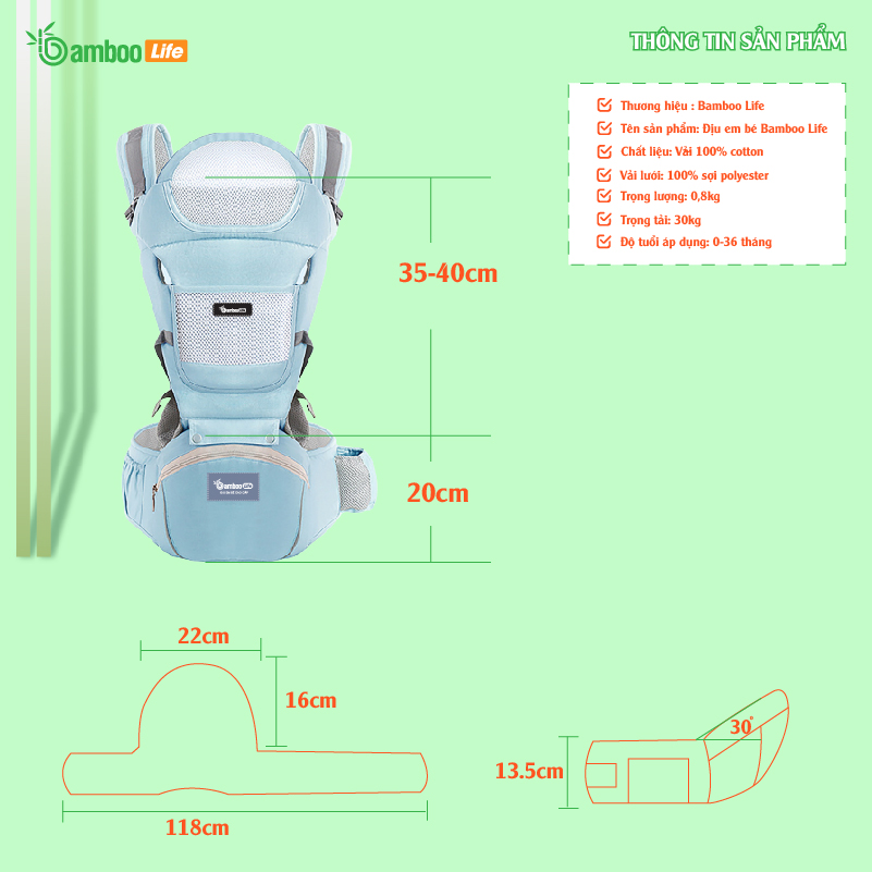 Địu em bé Bamboo Life BL031, địu 4 tư thế có đỡ cổ địu bé sơ sinh 0-36 tháng trợ lực, đa chức năng có ghế chống gù siêu nhẹ cho trẻ em đi xe máy, đi chơi, đi siêu thị an toàn