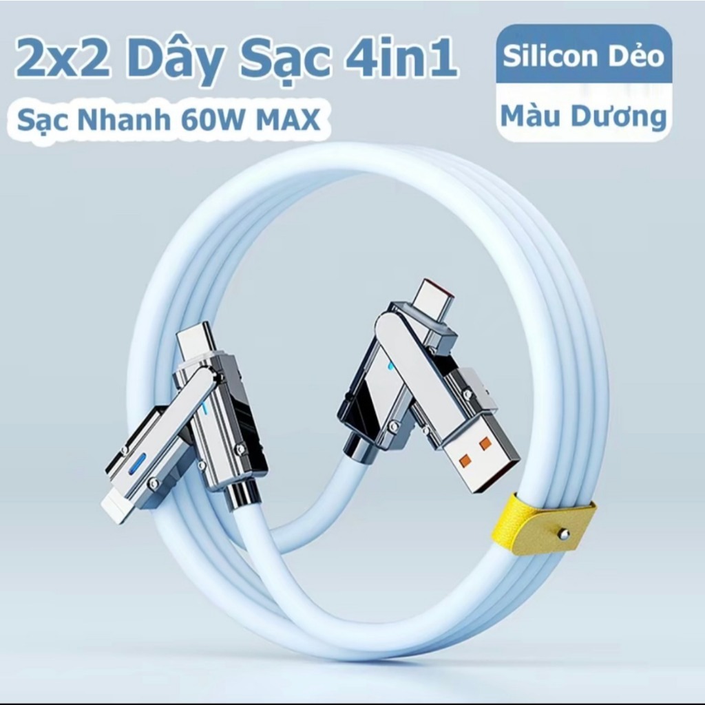 Cáp Sạc Nhanh Pd60W Max Cá Mập Bọc Thép 4 Đầu (1 Usb, 2 Type-C, 1 Ip) Siêu Tiện Lợi