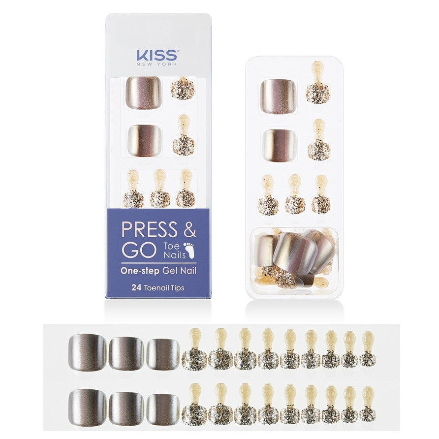 Bộ 24 Móng Chân Gel Tự Dán Press &amp; Go Kiss New York Nail Box - Chrome Gold (KPT02K)