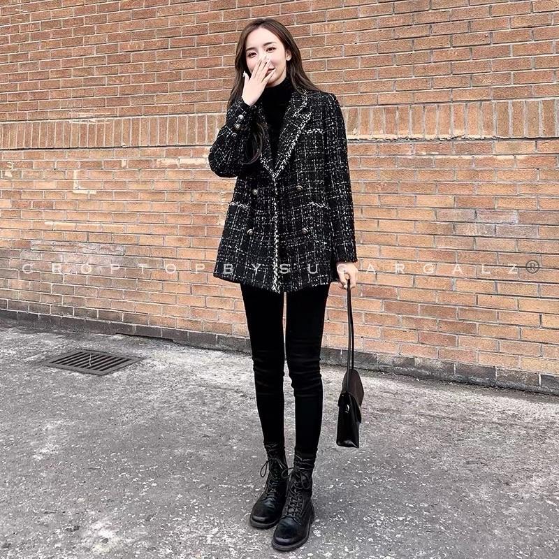 Áo vest blazer dạ tweed đen dáng dài Ulzzang - by SGGz