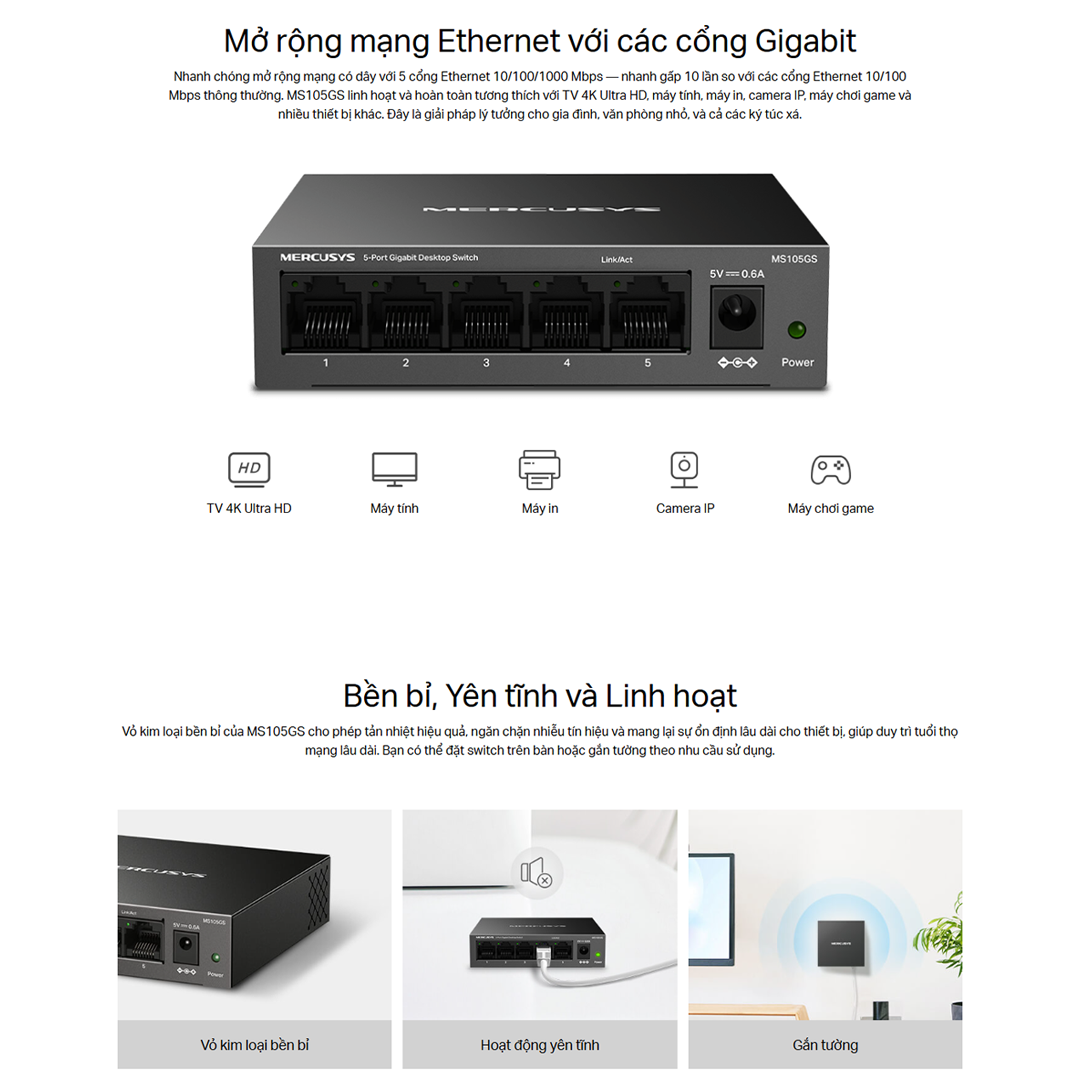 Bộ Switch Để Bàn Gigabit Mercusys MS105GS 5 cổng RJ45 10/100/1000 Mbps, Hỗ Trợ Auto-MDI/MDIX - Hàng Chính Hãng