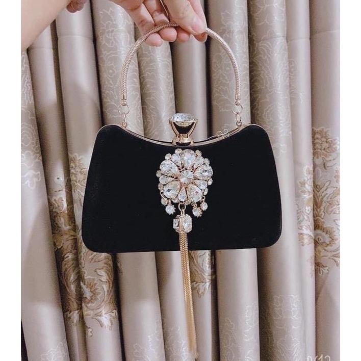 Clutch nhung đính đá tua rua cao cấp-túi nhung đá đi tiệc siêu sang