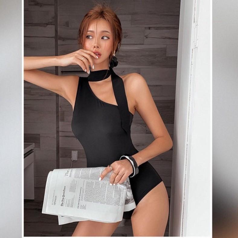freeship Bikini 1 mảnh cột dây cổ to màu đen sang chảnh