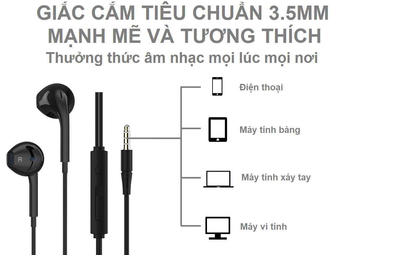 Tai nghe nhét tai có dây Jack cắm 3.5mm có Mic/Microphone VivuMax J15 - Cho iOS/Apple (iPhone/iPad), Android (Samsung, Sony, Xiaomi, Huawei, Oppo) Màu Trắng/Đen - Hàng Chính Hãng