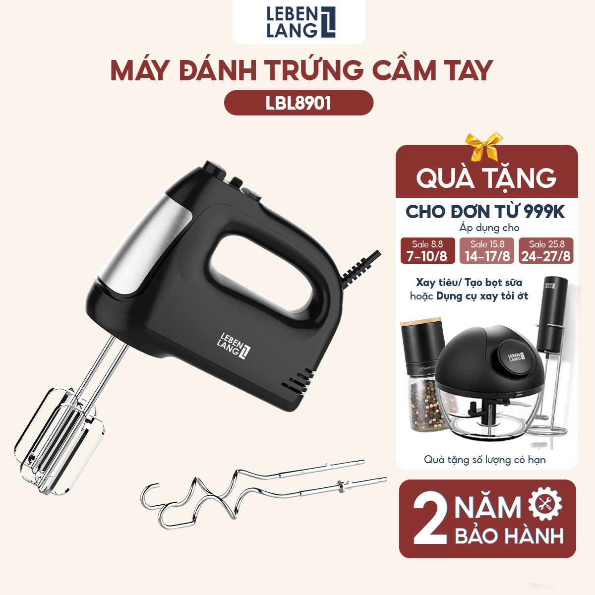 Máy đánh trứng Lebenlang, máy trộn cầm tay 5 tốc độ, công suất lớn 400W, bảo hành 2 năm - hàng chính hãng