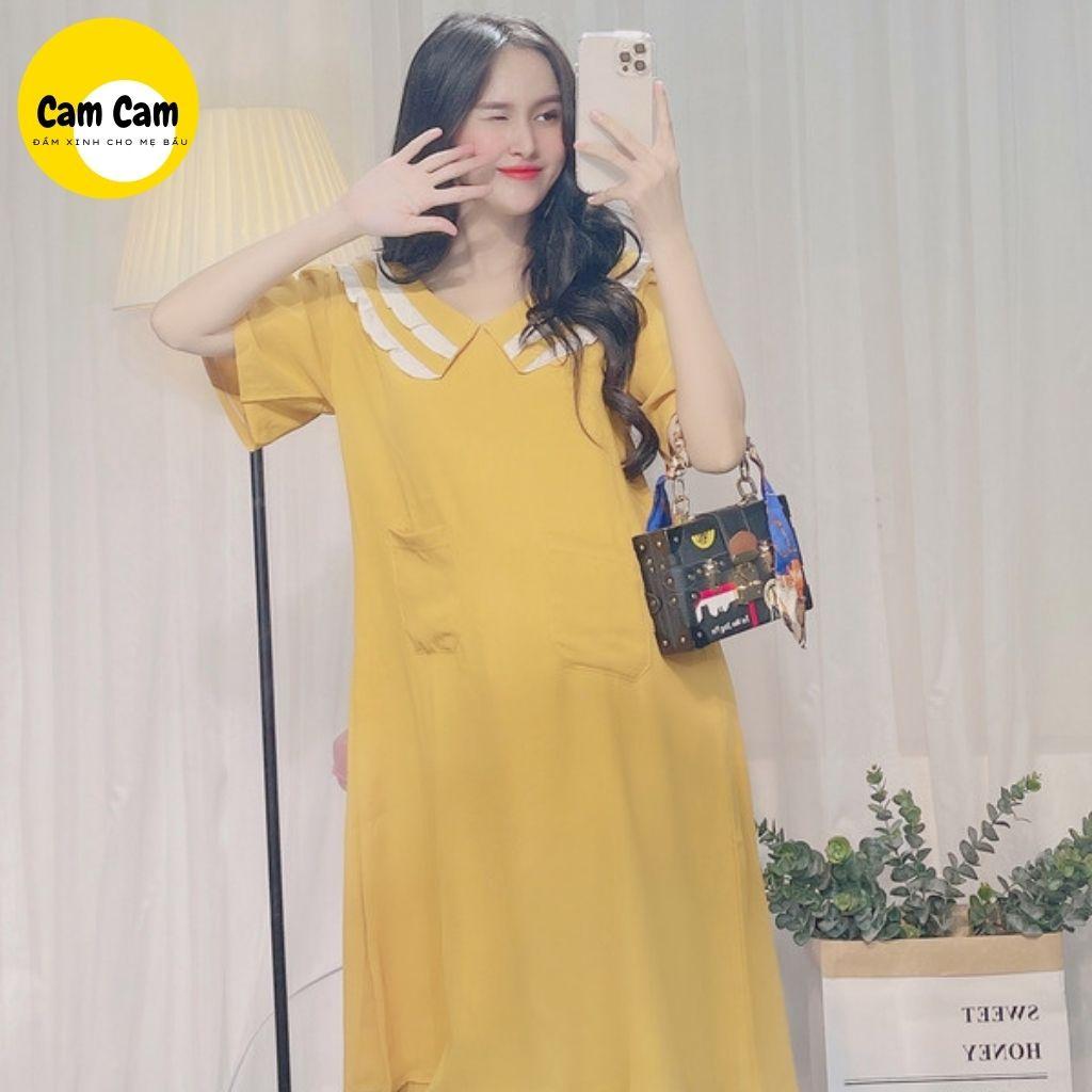Đầm bầu xinh - Váy bầu công sở lụa hàn vàng, 2 túi trước, dễ thương, thoáng mát, mã ĐB1004