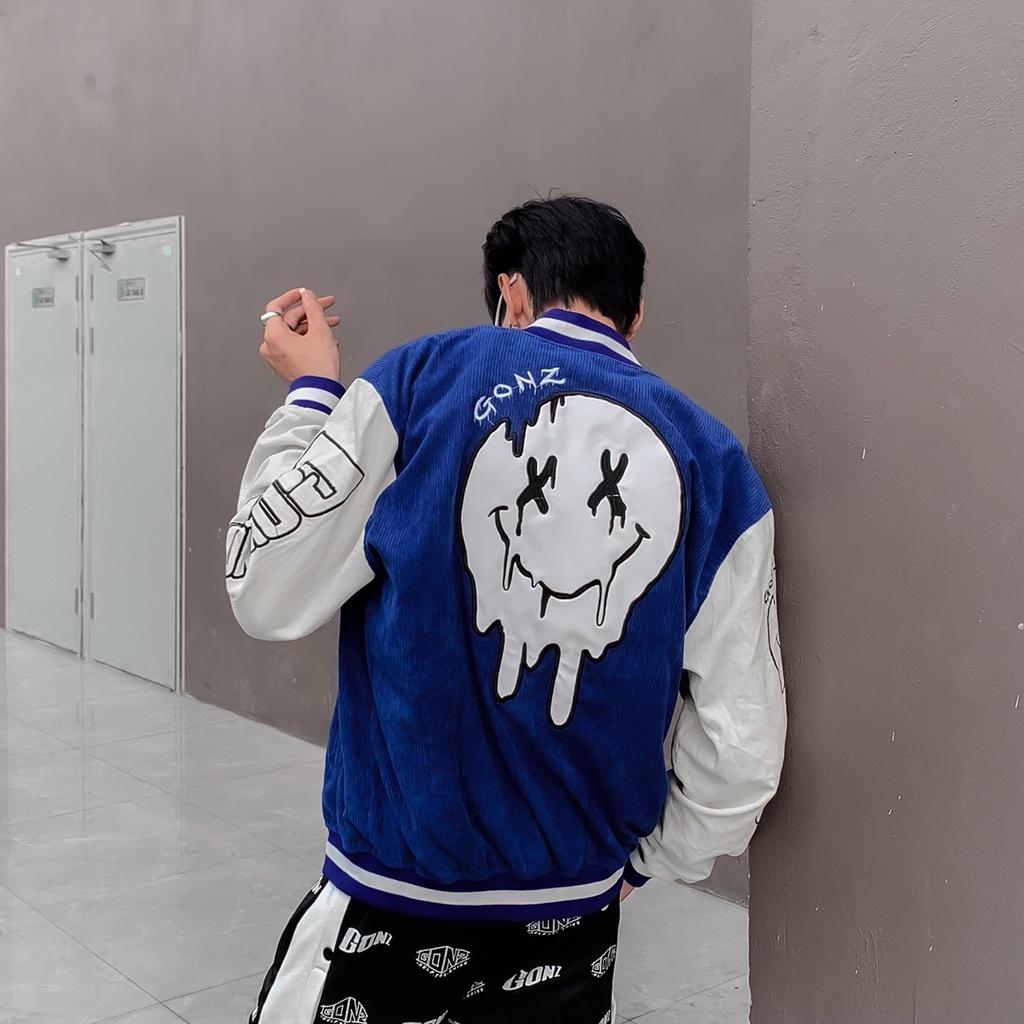 Áo Khóac Form Rộng Nhung Tăm Jacket Varsity FunFace Blue V13