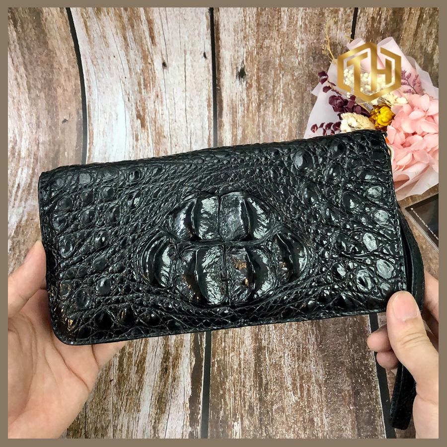 Clutch Da Cá Sấu Thật 1 Khóa - Clutch Cá Sấu Màu Đen 6 Gù, Ví Cầm Tay Có Ngăn Đựng Điện Thoại, BH 24 Tháng
