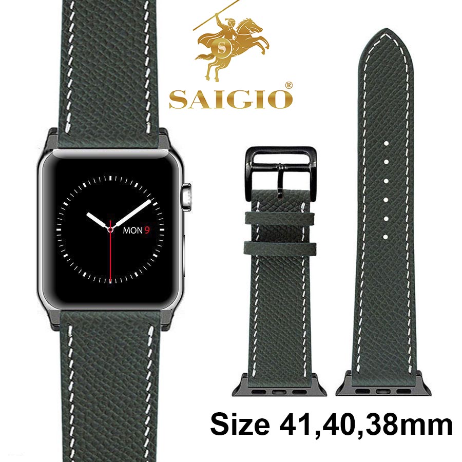 Dây Đồng Hồ Apple Watch 41mm 40mm 38mm, Chất Liệu Da Bê EPSOM Thảo Mộc Cao Cấp, Nhập Khẩu Từ Châu Âu, Dây Đeo Phong Cách Hiện Đại và Sang Trọng, Tương Thích Các Phiên Bản Series 8/7/6/5/4/3/2/1/SE/SE2 - Xanh Midnight/Chỉ Trắng - ADAPTER ĐEN