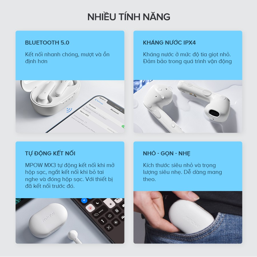 Tai Nghe True Wireless MPOW MX3, Sạc Không Dây, BT 5.0, Cảm Ứng, Kháng Nước IPX4, Nghe Đến 25H - Hàng Chính Hãng