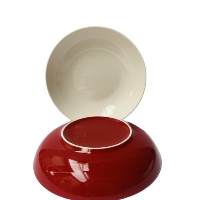 Bộ 2 dĩa sứ trắng sâu lòng - 20cm - màu đỏ pastel- men sứ trắng caocấp
