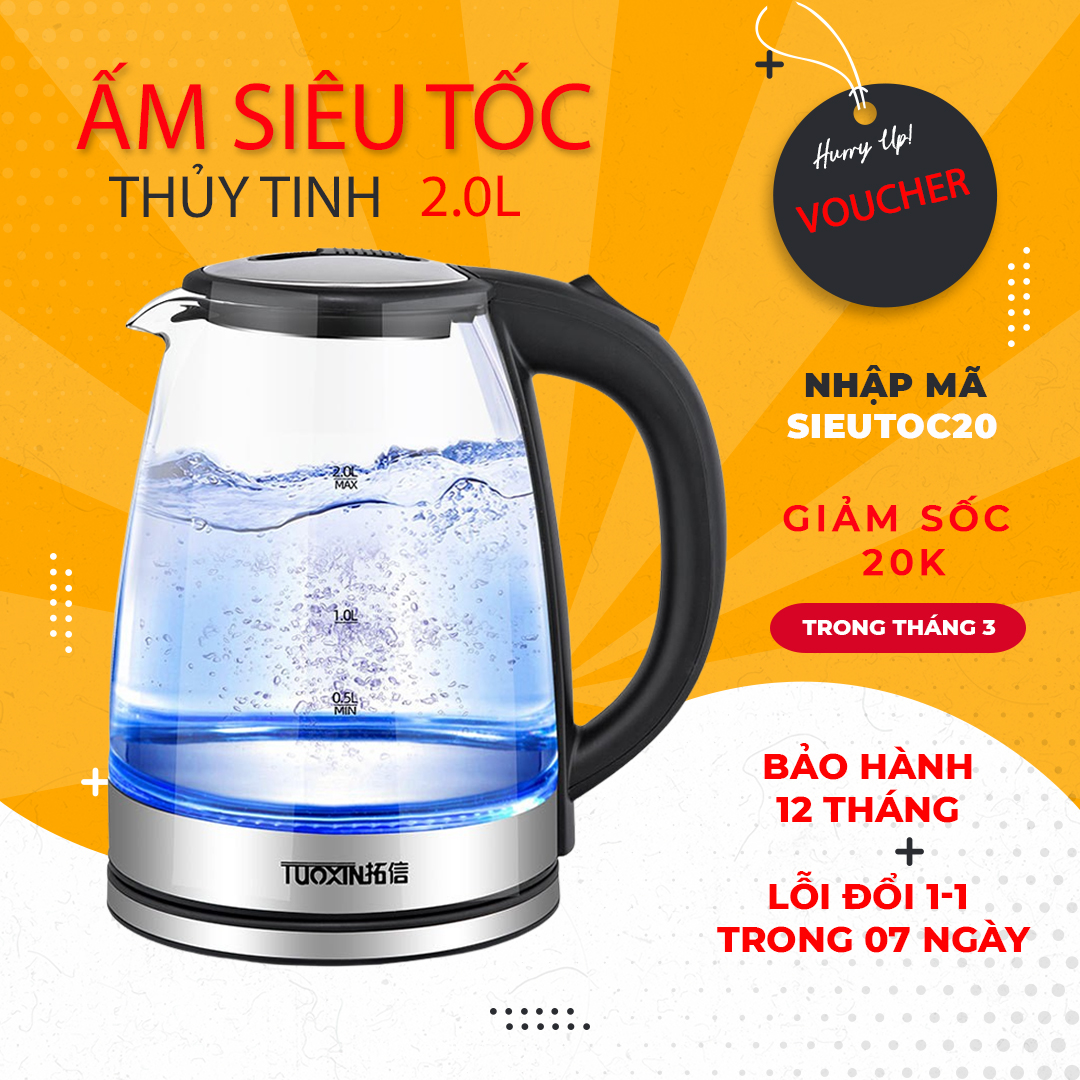 Ấm siêu tốc thuỷ tinh cường lực cao cấp loại 2.0L tự ngắt khi sôi, công xuất lớn1500W đun sôi nhanh.