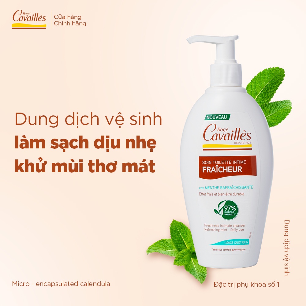 Dung dịch vệ sinh phụ nữ Khô Thoáng Mát Lạnh Roge Cavailles Fraicheur (Bạc hà) - Số 1 tại Pháp - 250ml