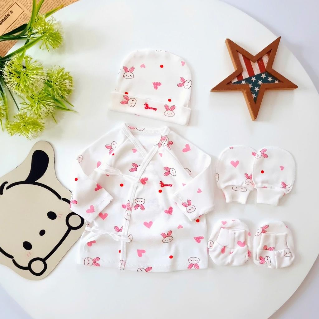 Set Áo Cột Dây Kèm Nón, Bao Tay Bao Chân Cotton Sơ Sinh Cho Bé - Bunny Baby