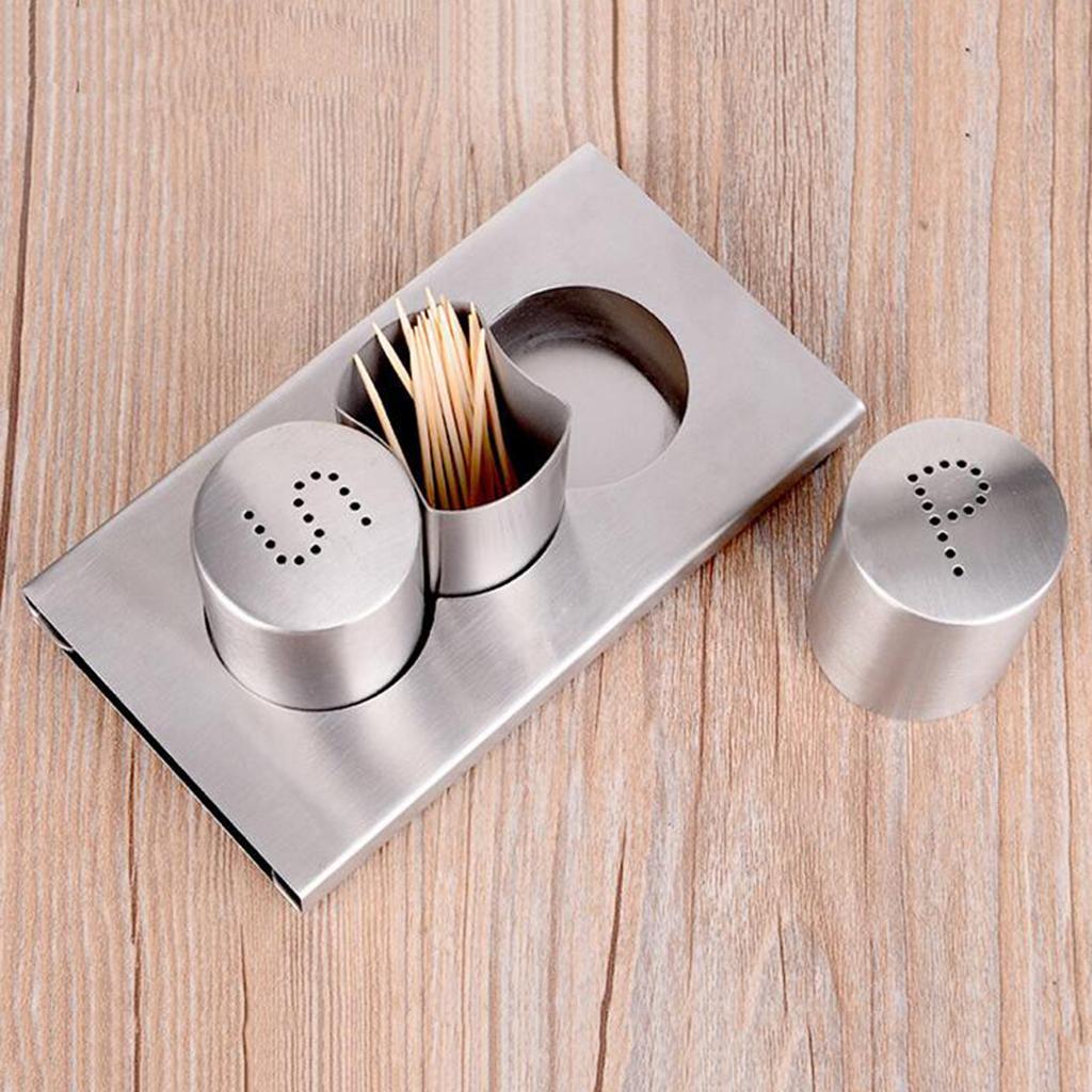 Stainless Steel Seasoning Boxes With Toothpick Holders Set Table Spice Jar Barbecue Pepper Shaker Can Table Condiment Dispenser Set