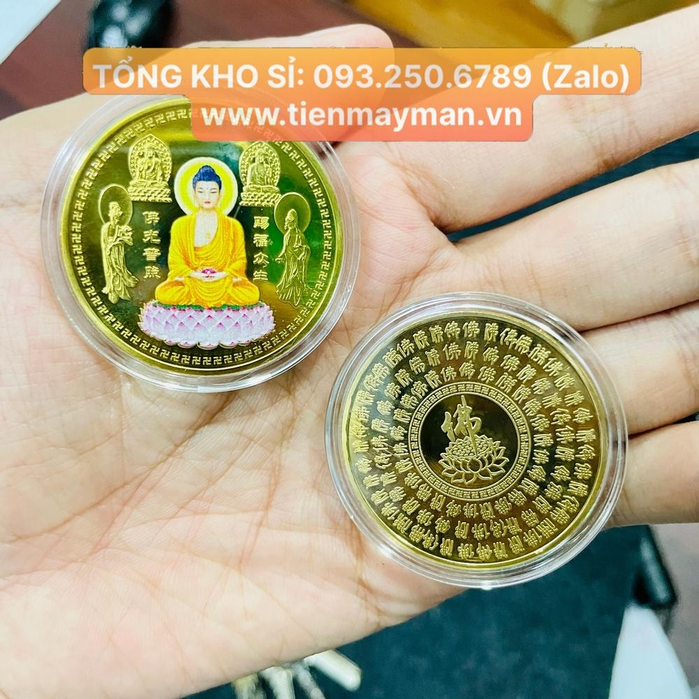 Đồng Xu Phật Tổ Như Lai Màu Phong Thuỷ May Mắn, tặng túi gấm đỏ, Tiền lì xì tết 2023 , NELI