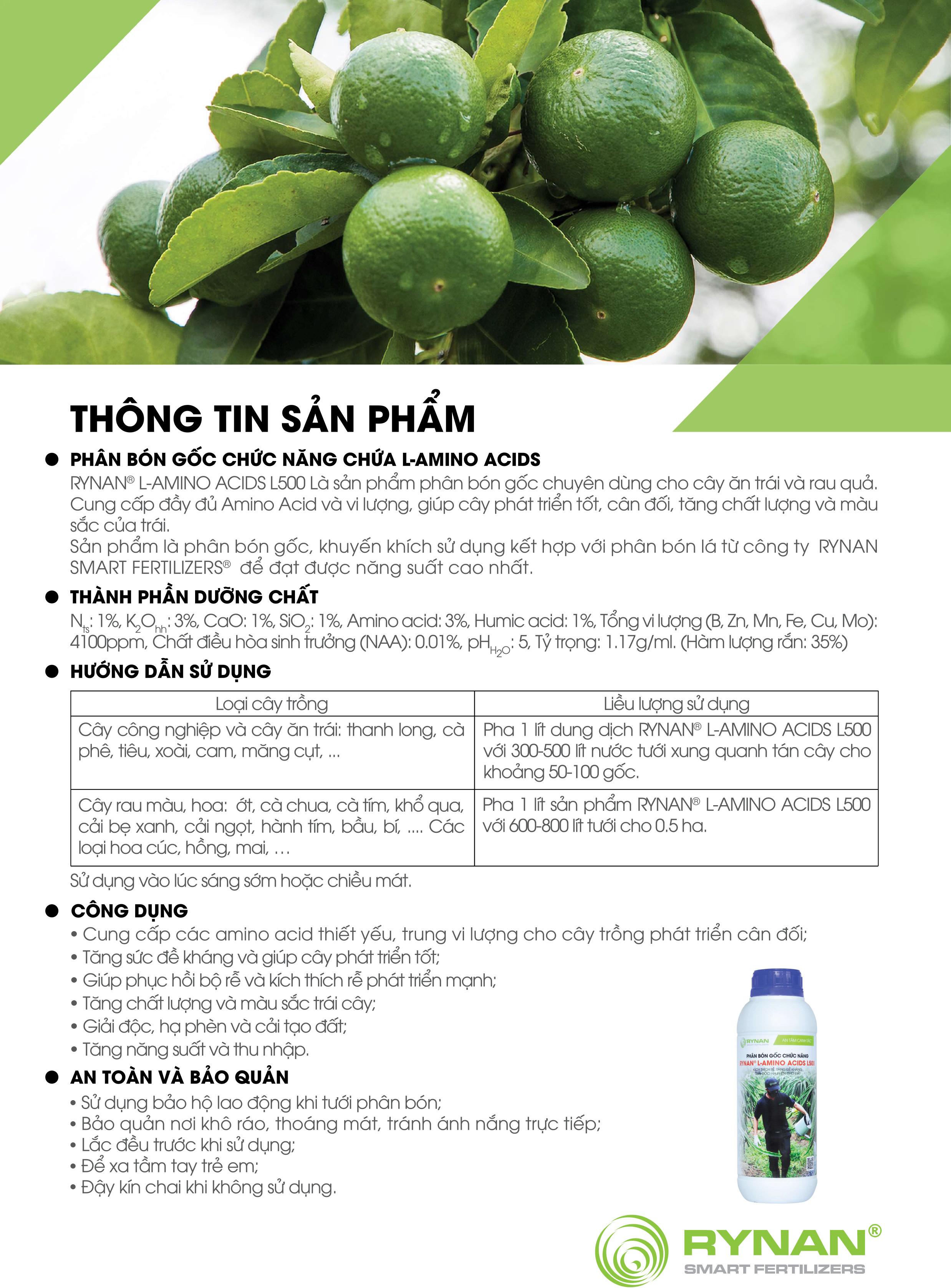 Phân bón gốc Rynan L-Amino Acids L500 - Kích thích rễ, tăng đề kháng, giải độc, phục hồi cây và hạ phèn cho đất