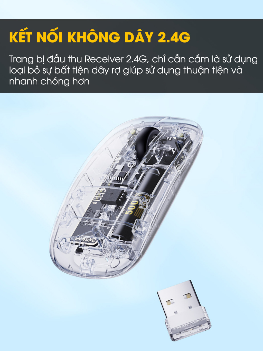 Chuột máy tính không dây TEKKIN INPHIC X5 ngoại hình trong suốt độc lạ pin sạc lại click tắt âm chống ồn văn phòng - hàng nhập khẩu
