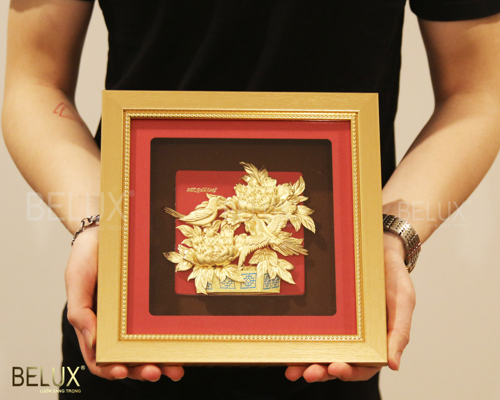 Tranh đôi chim hỷ tước mẫu đơn dát vàng 24k