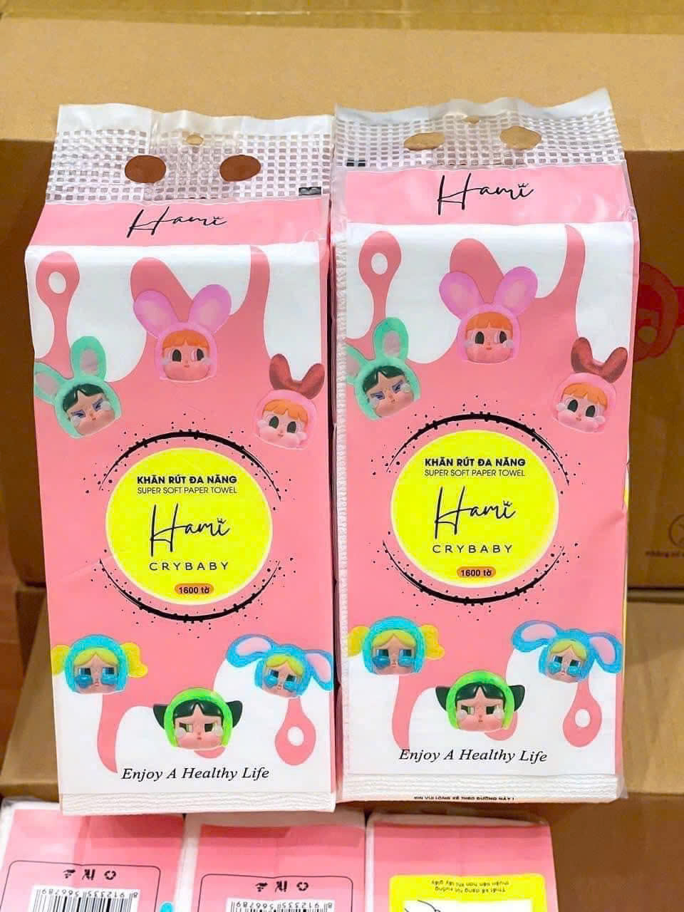 Bịch Giấy Rút Treo Tường Đa Năng Hami Crybaby Hồng 1600 Tờ Thấm Hút Tốt