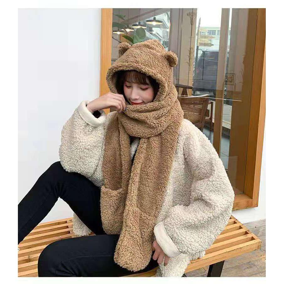 Mũ lông cừu tai gấu nâu kèm khăn và găng tay siêu ấm cho mùa đông- mu long cuu tai gau nau