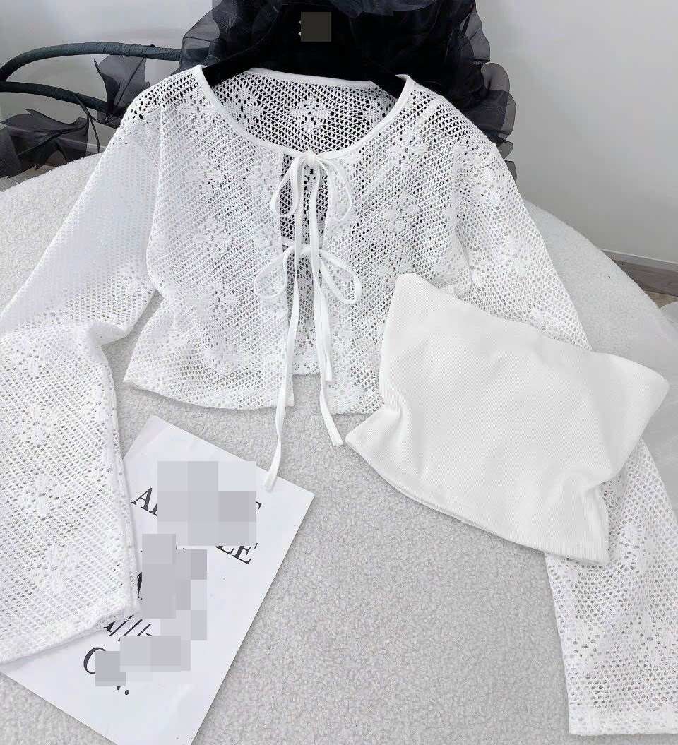 ÁO LƯỚI KIỂU CỔ SƠ MI BUỘC DÂY ÔM BODY TAY DÀI LOE + ÁO CROPTOP BRA THUN DÂY ĐEN CƠ BẢN ĐI TIỆC ĐI CHƠI DẠO PHỐ ĐI BIỂN
