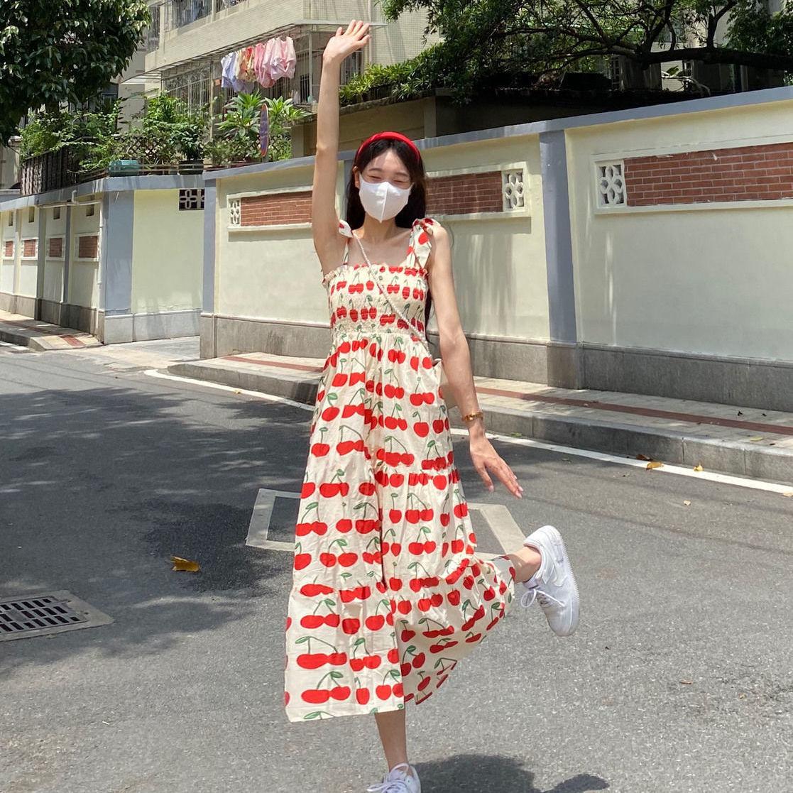 TOBE1SHOP Váy treo 2023 Sinh viên mùa hè Hundred Hiển thị Skinny Thời trang Pleated Dễ thương Cherry hoa đầm cô gái