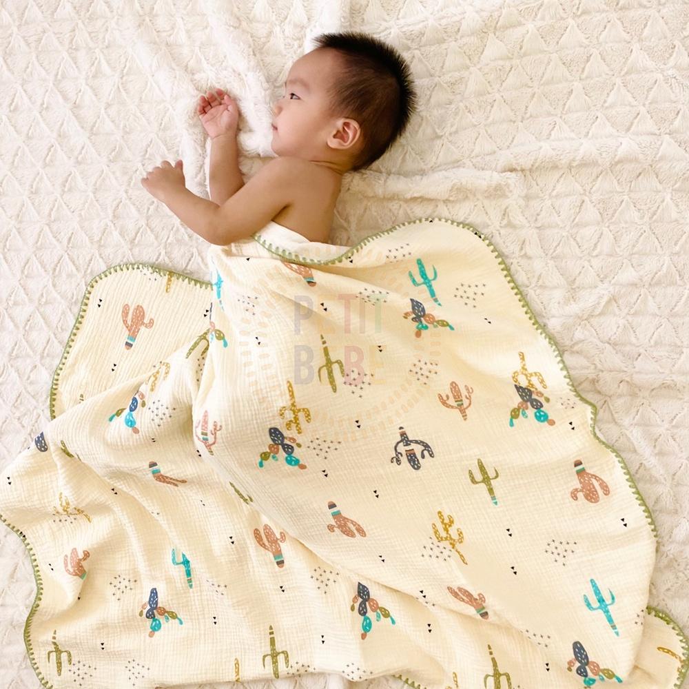 Chăn đa năng viền thủ công cho bé PETIT BEBE muslin thấm hút thoáng khí họa tiết thiên nhiên