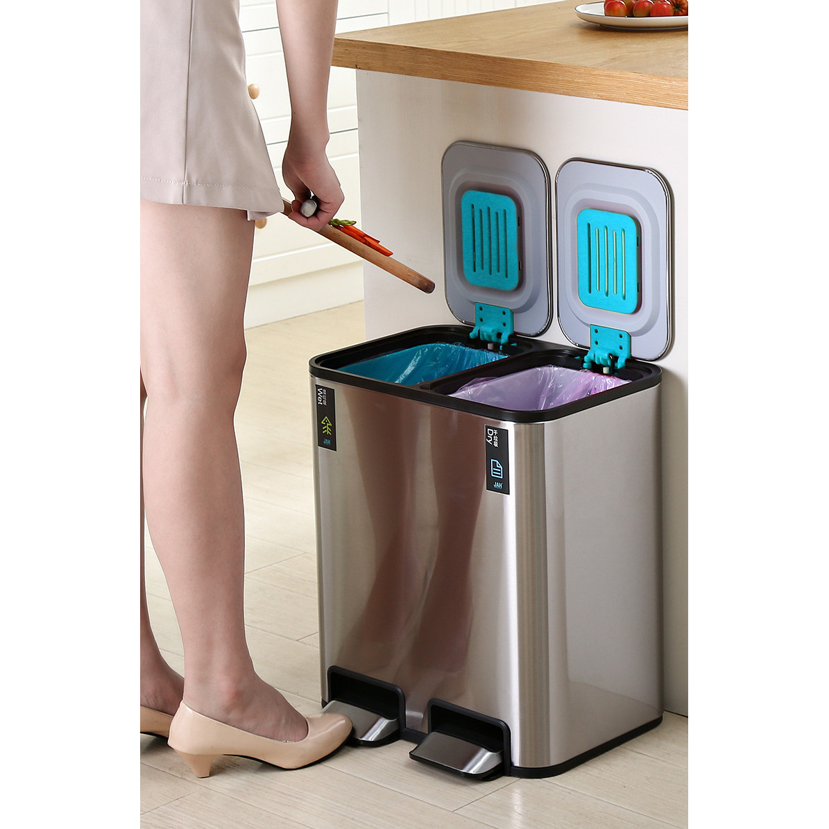THÙNG RÁC INOX ĐẠP CHÂN 2 NGĂN CAO CẤP H77