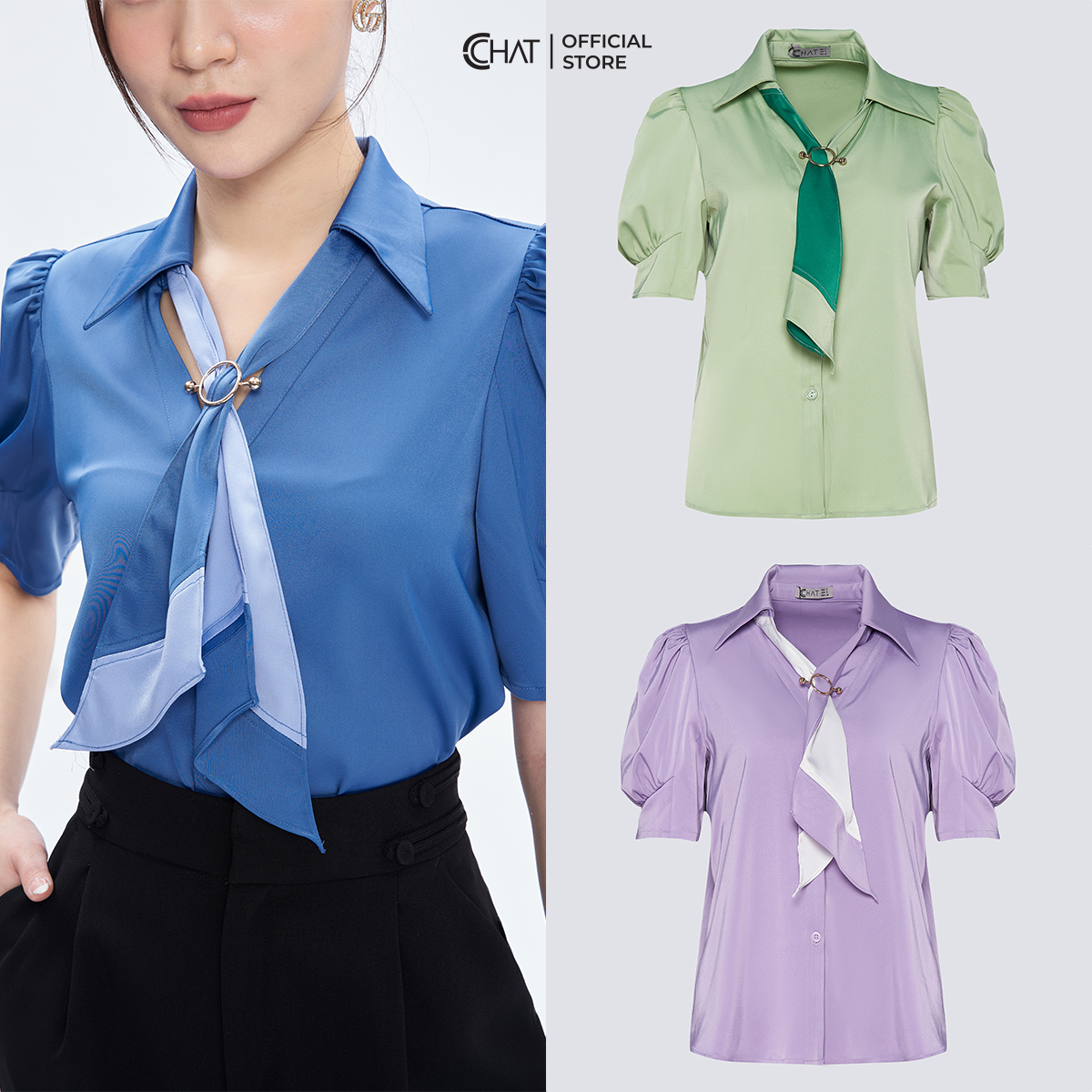 Áo Sơ Mi Nữ  Kiểu Cổ Đức Mở V Phối Khăn Chất Lụa Mềm Mịn 53SNL2005ST
