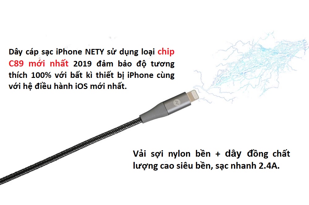 Dây cáp sạc iPhone NETY 120cm chuẩn MFi, cổng Lightning to USB-A, dây cáp bện sợi nylon tốc độ cao USB tương thích với iPhone SE 2020/ iPhone 11 Pro Max / 11/11 Pro /XR /Xs Max /Xs /X /8 Plus /8 /7 Plus /7 /SE /6s Plus /6s /6 Plus (bạc) – Hàng chính hãng