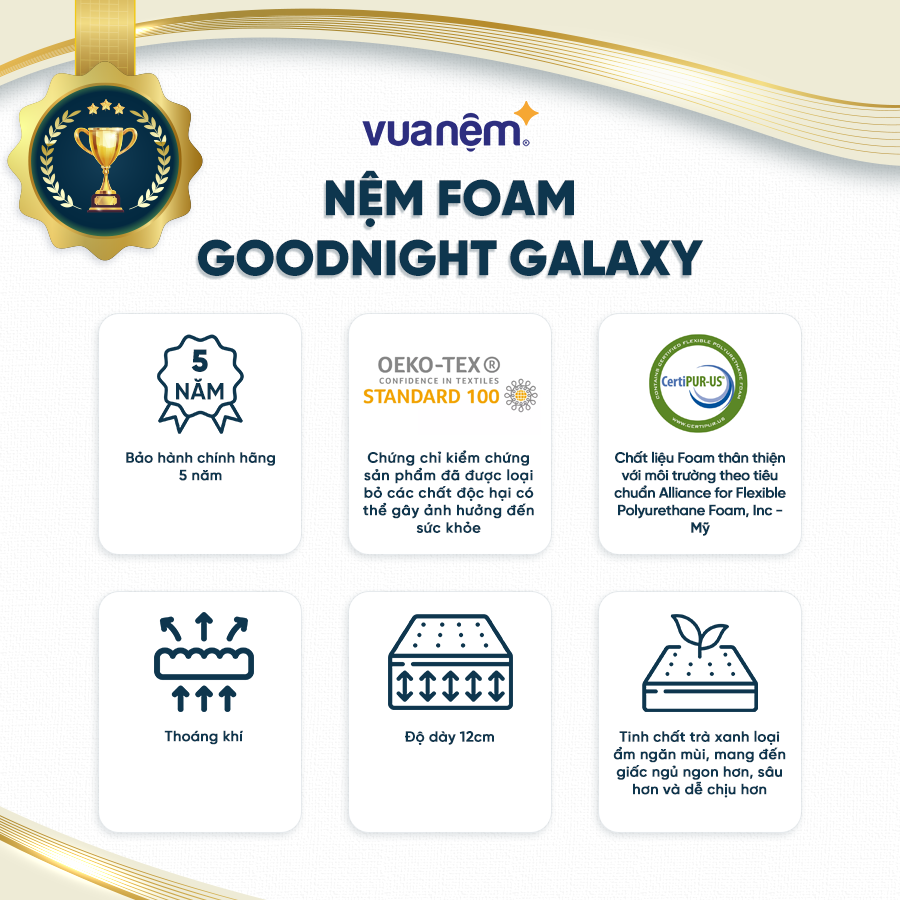 Nệm Foam cao cấp Goodnight Galaxy Greentea êm ái, mềm mại, tinh chất trà xanh kháng khuẩn khử mùi