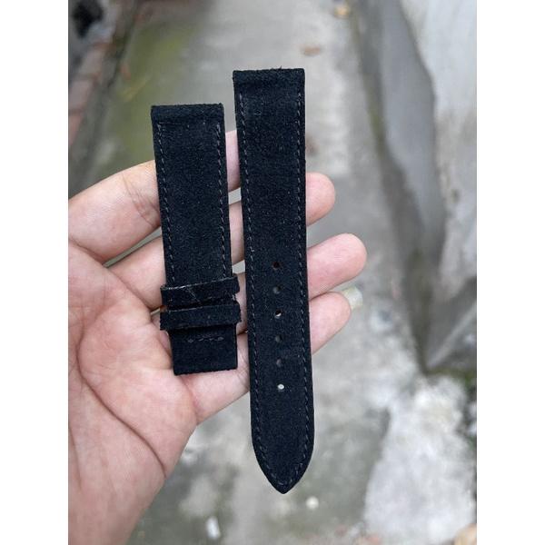 Dây Đồng Hồ da Bò Lộn Khâu viền màu đen da thật tặng kèm khóa chốt size 18, 20, 22