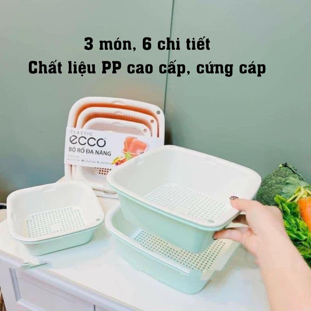 Bộ rổ nhựa kèm chậu hình chữ nhật 3 tầng 6 món có thể xếp chồng đựng rau củ và hoa quả đa năng Ecco