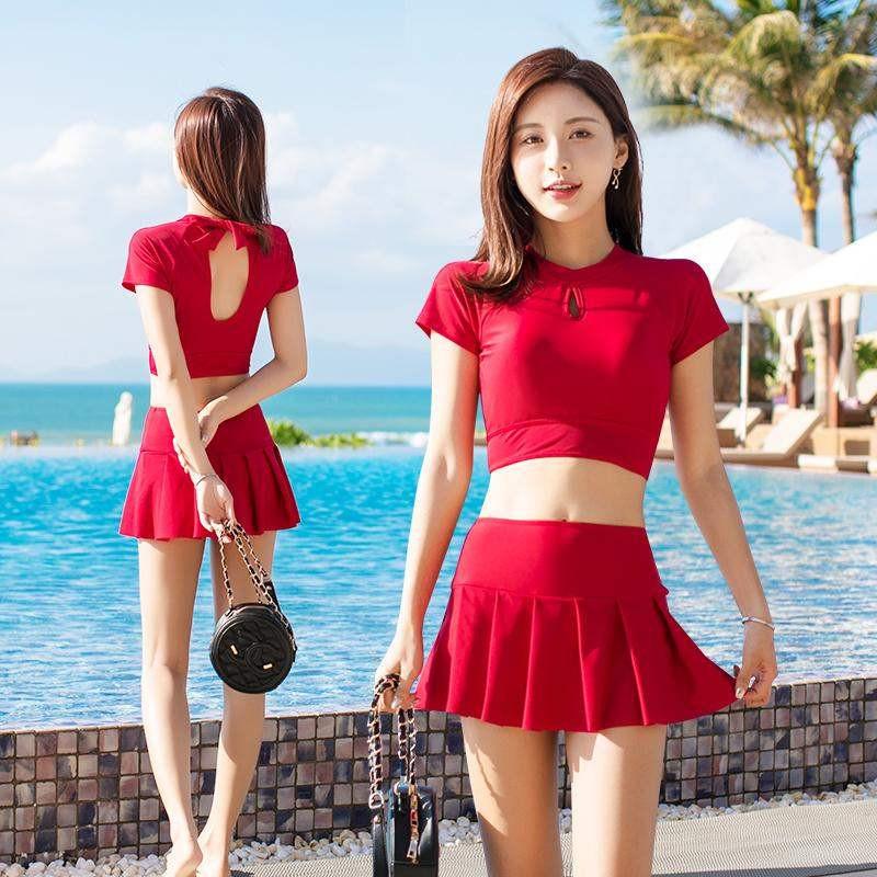 Đồ Bơi Đi Biển Nữ Kiểu Bikini Hai Mảnh Áo Cộc Tay Váy Cạp Cao Có Quần Đùi