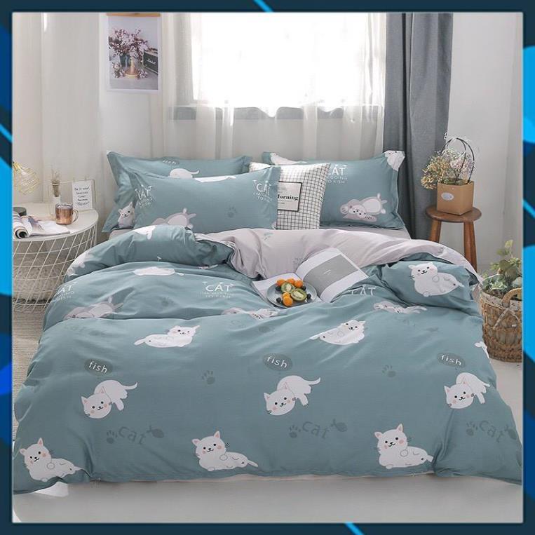 Bộ chăn ga gối Cotton Poly bedding Mèo lười, vỏ chăn mền, drap giường và 2 vỏ gối