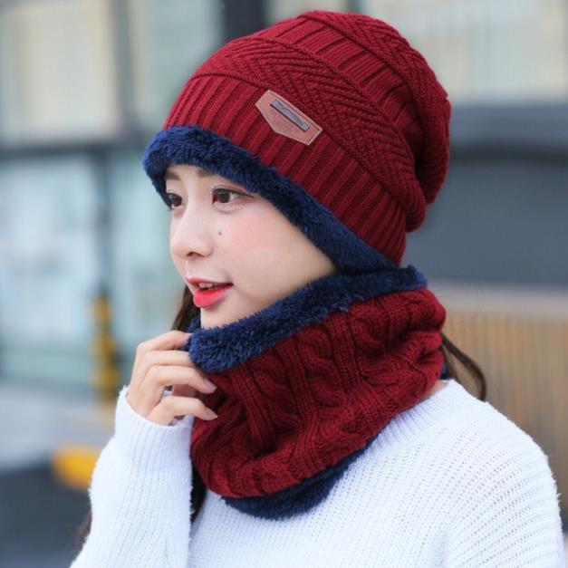 Bộ khăn mũ nam nữ chất liệu len lót lông khăn ống