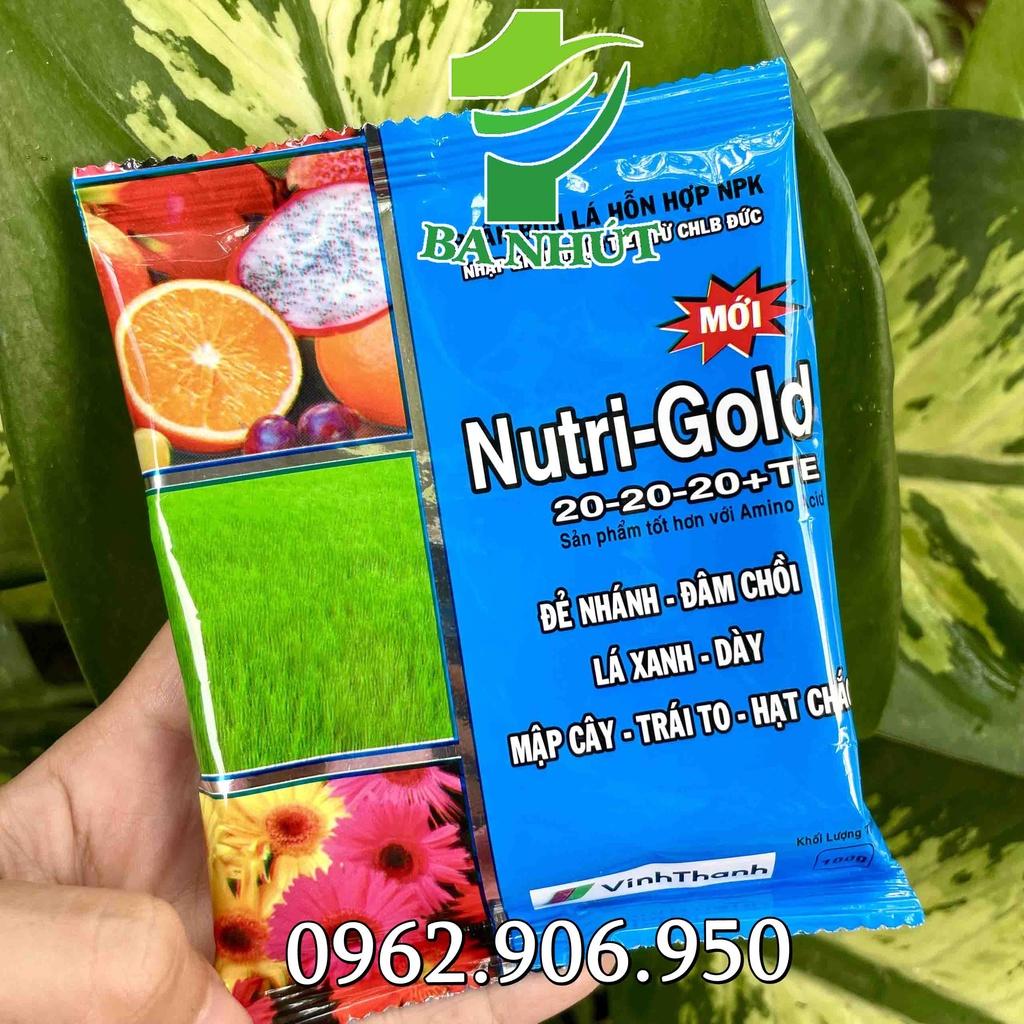 1 Hộp 10 Gói Phân Bón Lá NUTRI-GOLD 20-20-20+TE Đẻ Nhánh, Đâm Chồi – Lá Xanh, Dày – Mập Cây, Trái To, Hạt Chắc